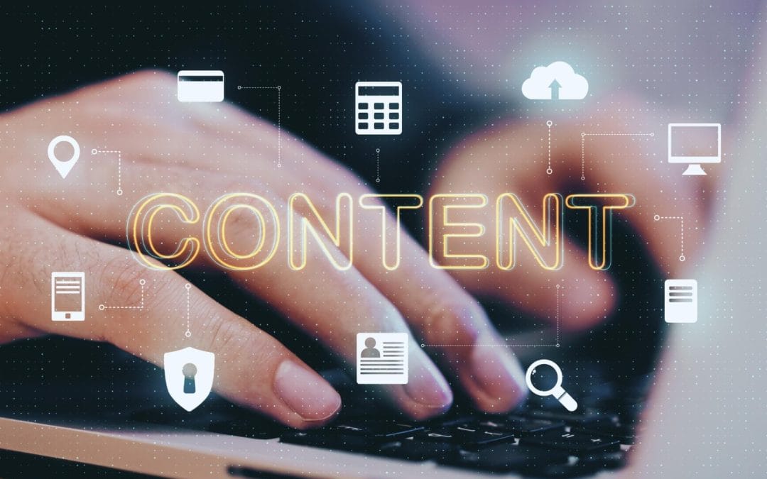 Hands typing on a keyboard with the word "CONTENT" and digital icons overlaid, symbolizing digital content creation.